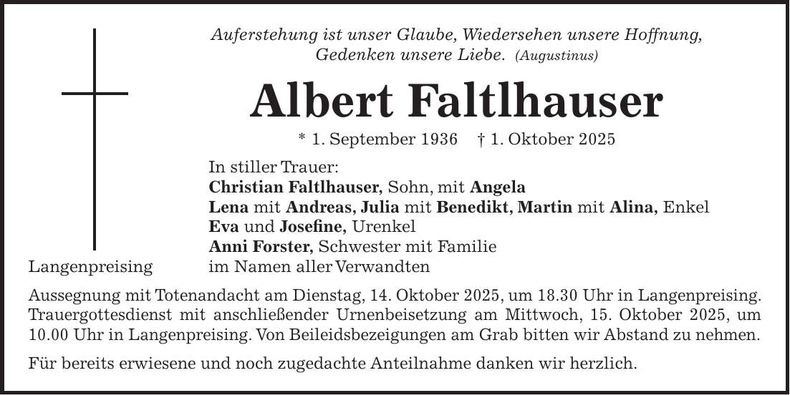 Traueranzeige Albert Faltlhauser
