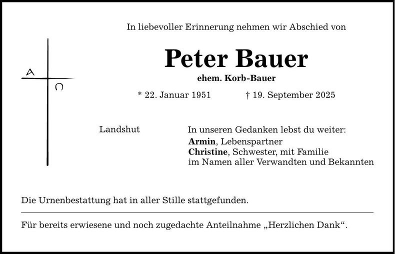 Traueranzeige Peter Bauer
