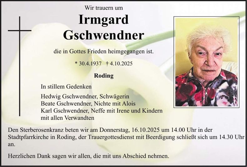 Traueranzeige Irmgard Gschwendner