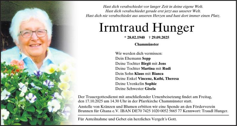 Traueranzeige Irmtraud Hunger