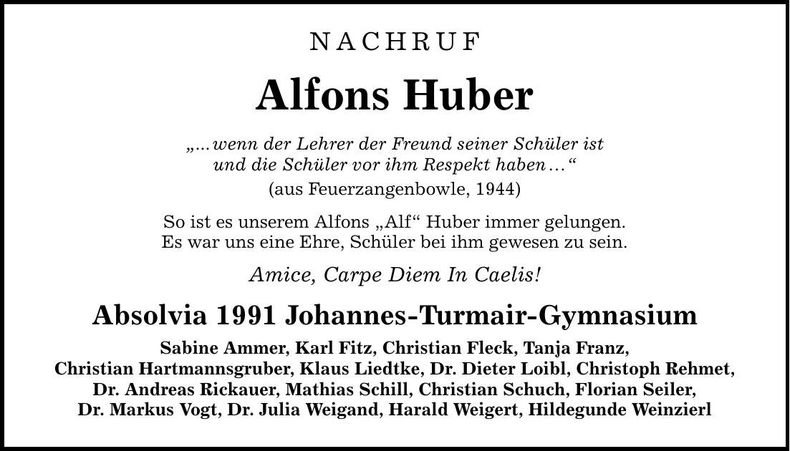 Traueranzeige Alfons Huber
