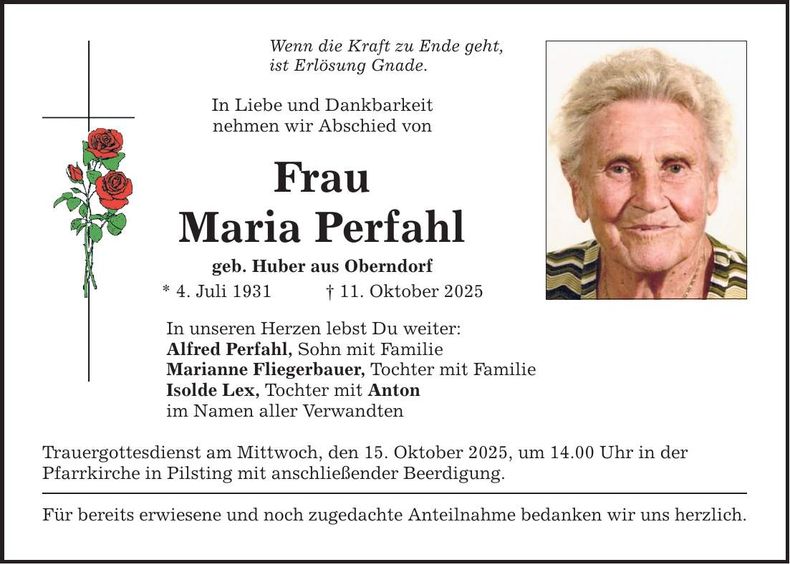 Traueranzeige Maria Perfahl