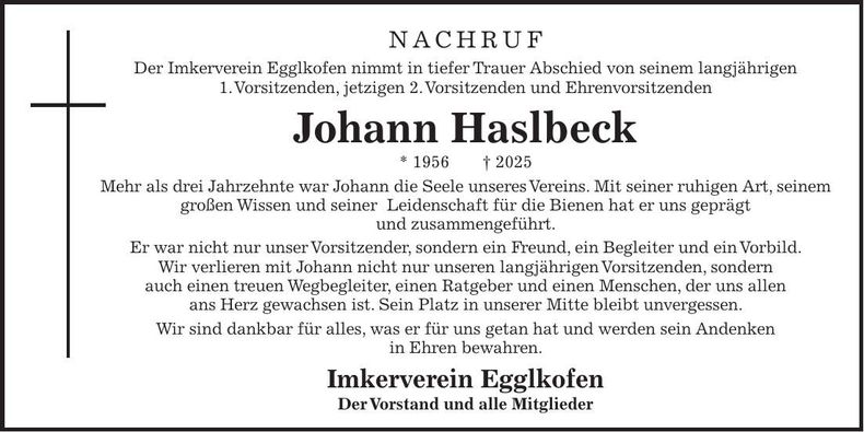 Traueranzeige Johann Haslbeck