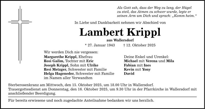 Traueranzeige Lambert Krippl