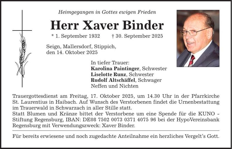 Traueranzeige Xaver Binder