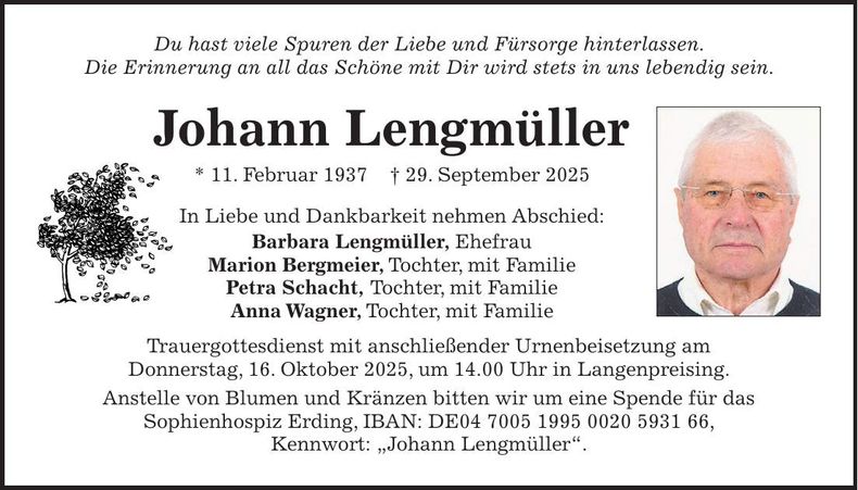Traueranzeige Johann Lengmüller