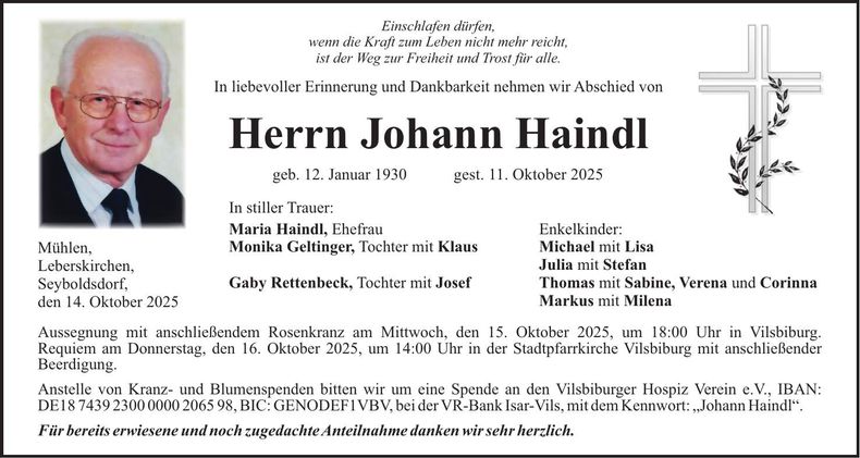 Traueranzeige Johann Haindl