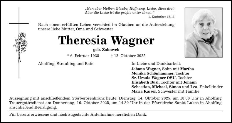 Traueranzeige Theresia Wagner