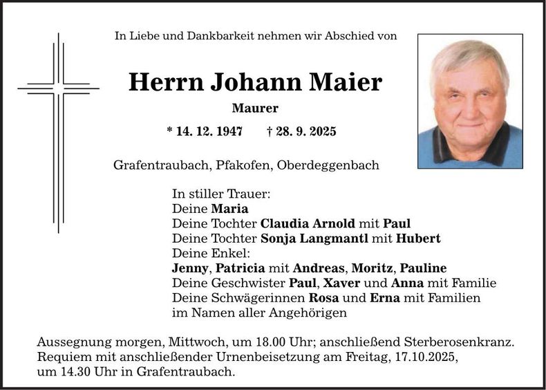 Traueranzeige Johann Maier