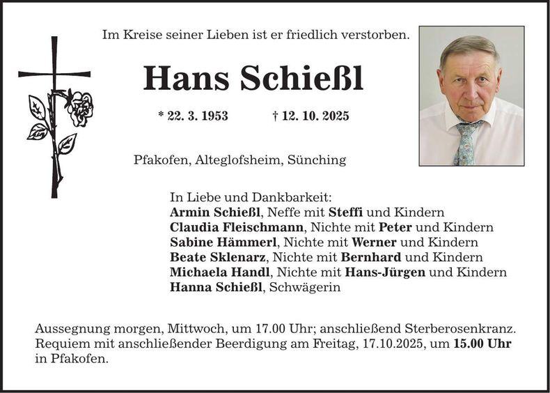 Traueranzeige Hans Schießl