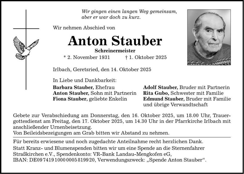 Traueranzeige Anton Stauber