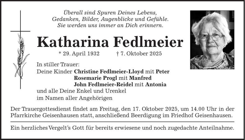 Traueranzeige Katharina Fedlmeier