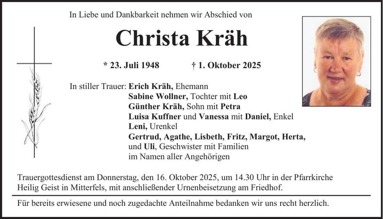 Traueranzeige Christa Kräh