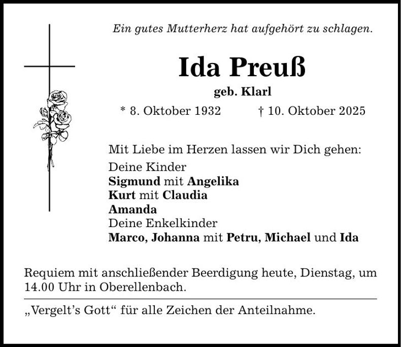 Traueranzeige Ida Preuß