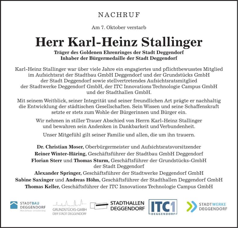 Traueranzeige Karl-Heinz Stallinger