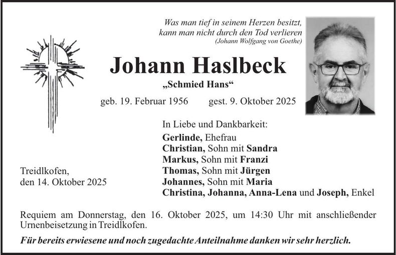 Traueranzeige Johann Haslbeck