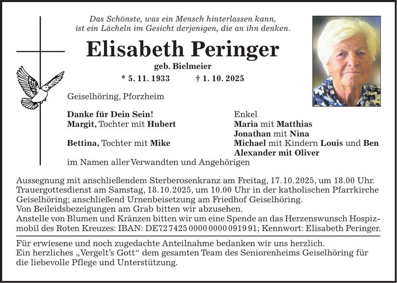 Traueranzeige Elisabeth Peringer