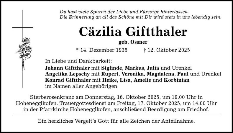 Traueranzeige Cäzilia Giftthaler