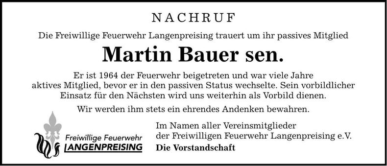 Traueranzeige Martin Bauer sen.