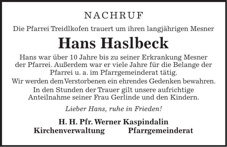 Traueranzeige Johann Haslbeck