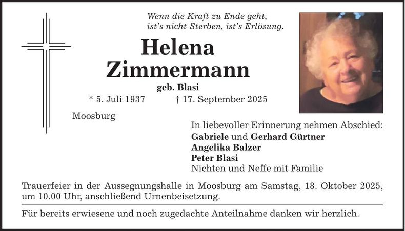 Traueranzeige Helena Zimmermann