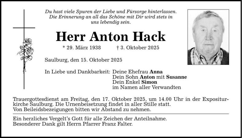 Traueranzeige Anton Hack