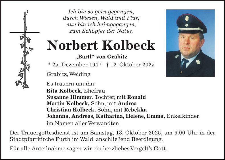 Traueranzeige Norbert Kolbeck