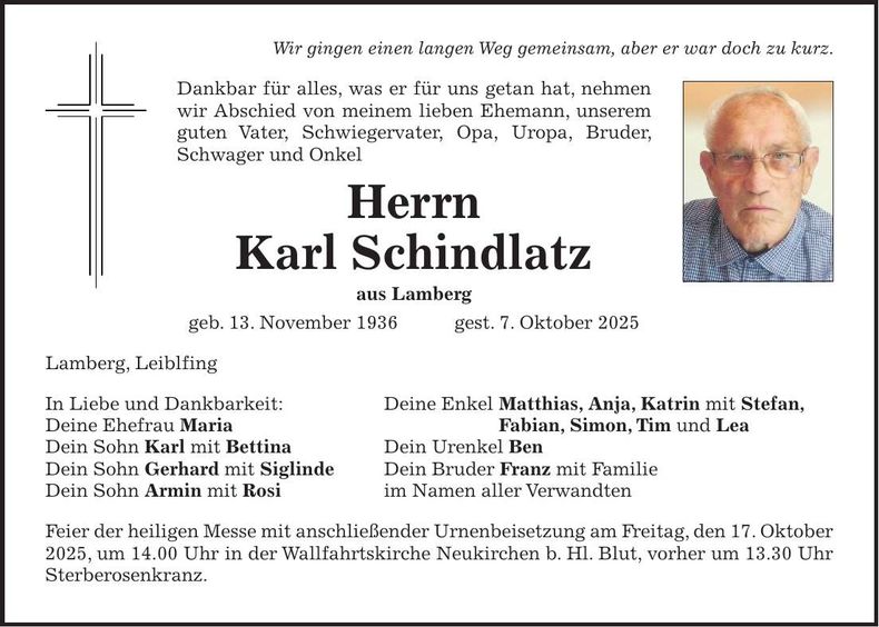 Traueranzeige Karl Schindlatz