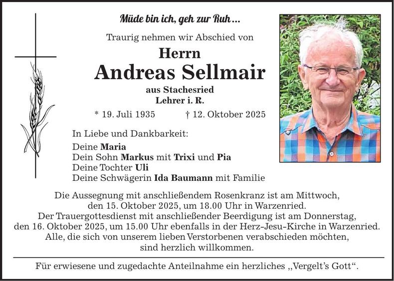Traueranzeige Andreas Sellmair
