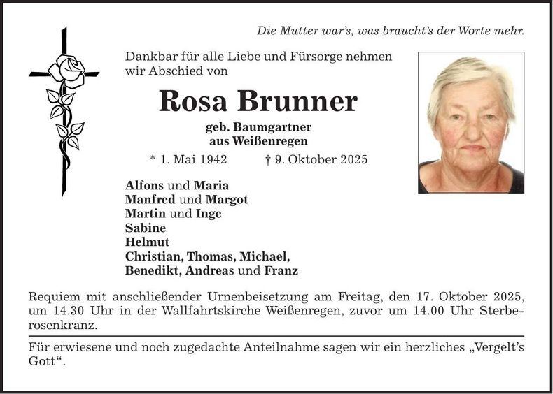 Traueranzeige Rosa Brunner