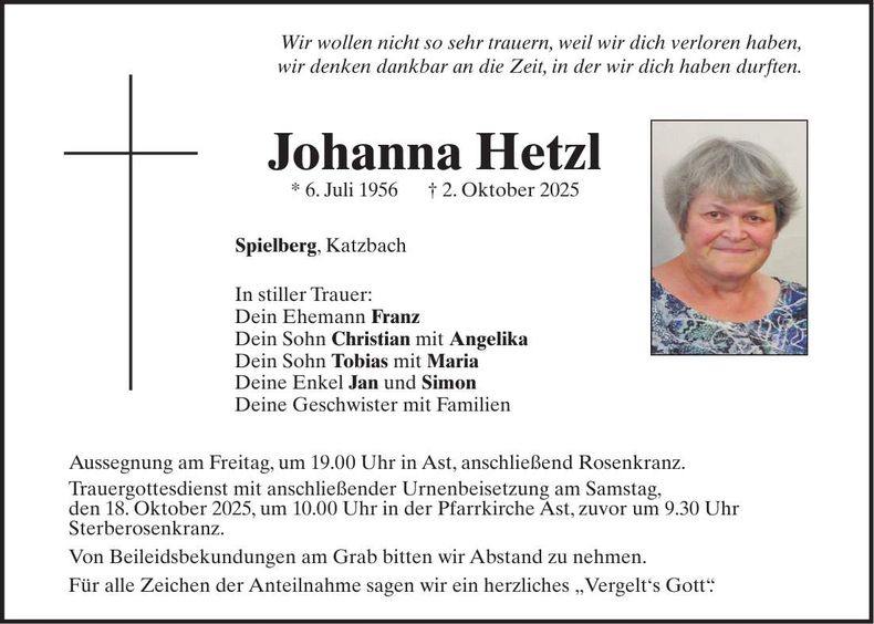 Traueranzeige Johanna Hetzl