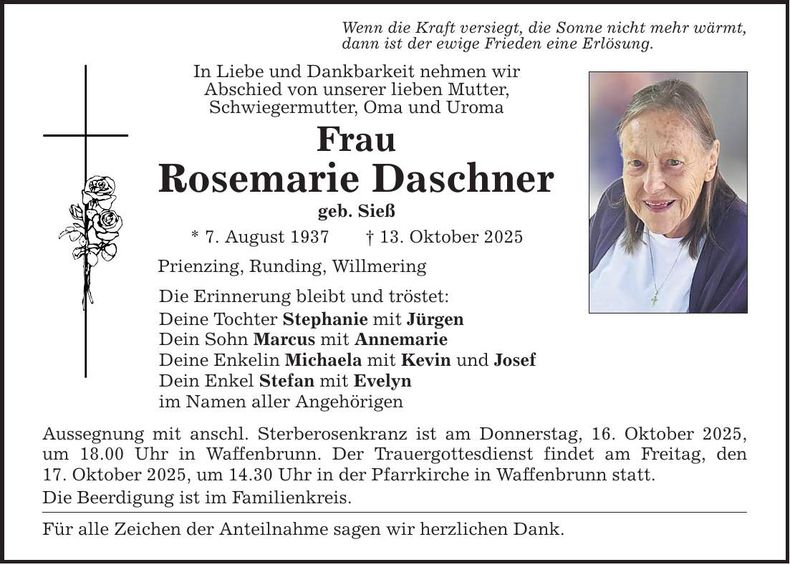 Traueranzeige Rosemarie Daschner