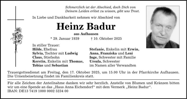 Traueranzeige Heinz Badur