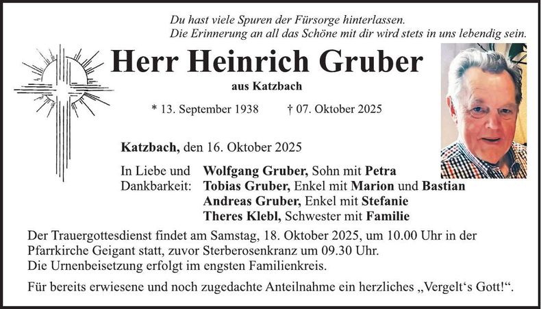 Traueranzeige Heinrich Gruber