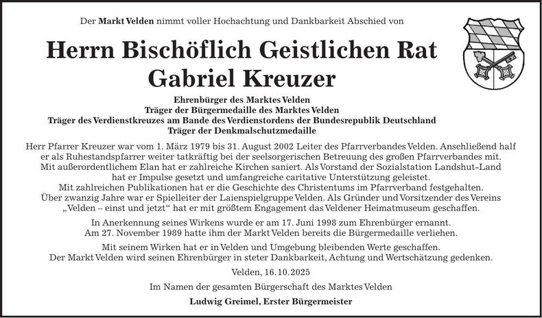 Traueranzeige  Bischöflich Geistlichen Rat Gabriel Kreuzer