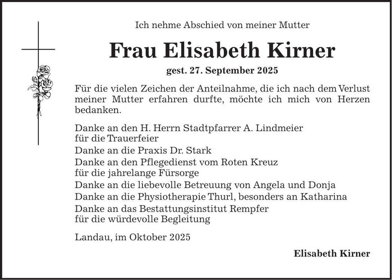 Traueranzeige Elisabeth Kirner