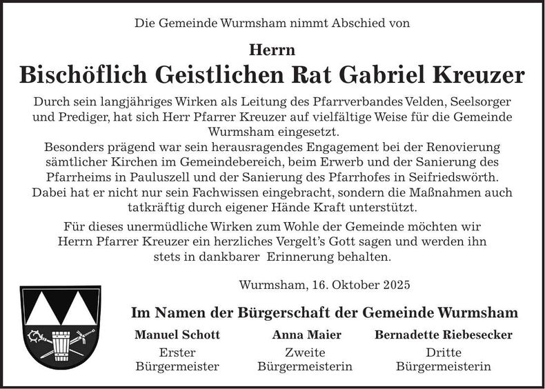 Traueranzeige Gabriel Kreuzer