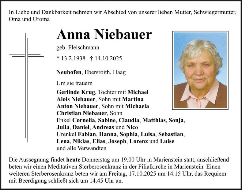 Traueranzeige Anna Niebauer