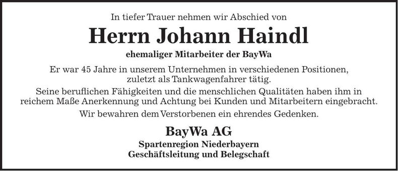 Traueranzeige Johann Haindl