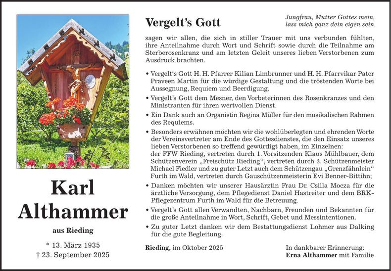 Traueranzeige Karl Althammer