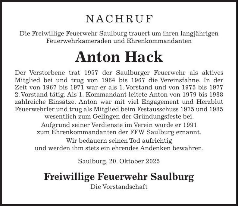 Traueranzeige Anton Hack