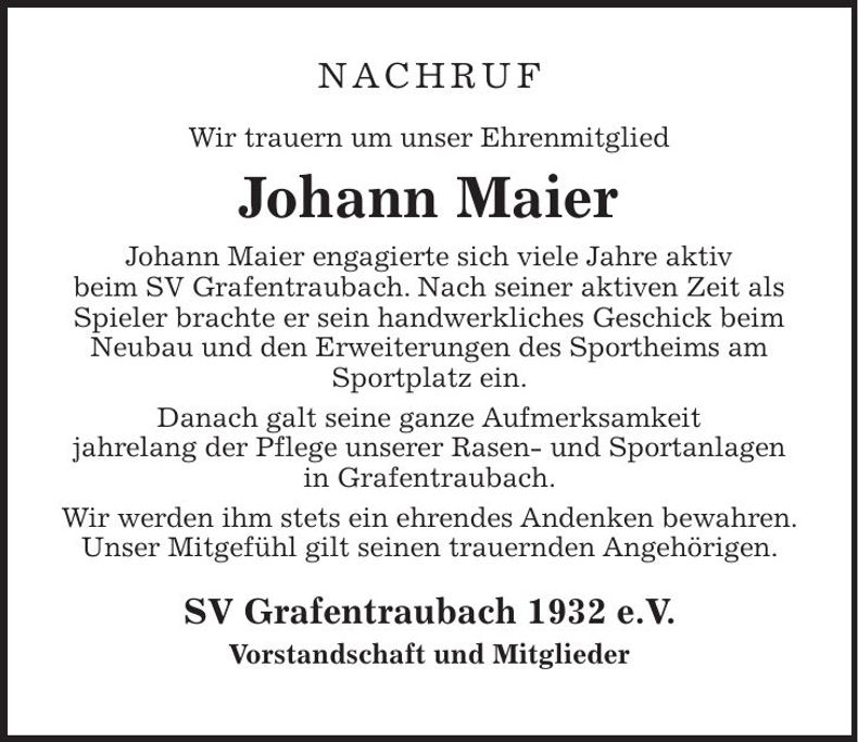 Traueranzeige Johann Maier Johann