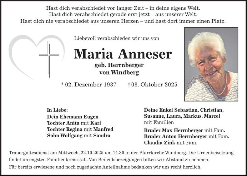 Traueranzeige Maria Anneser