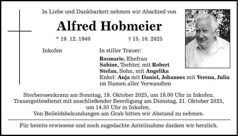 Traueranzeige Alfred Hobmeier