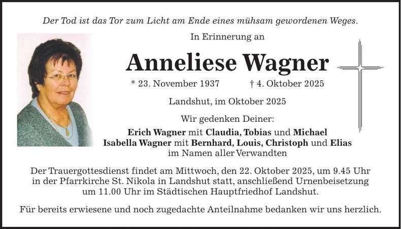Traueranzeige Anneliese Wagner