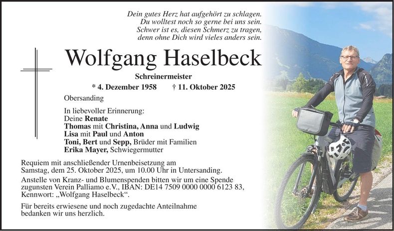Traueranzeige Wolfgang Haselbeck