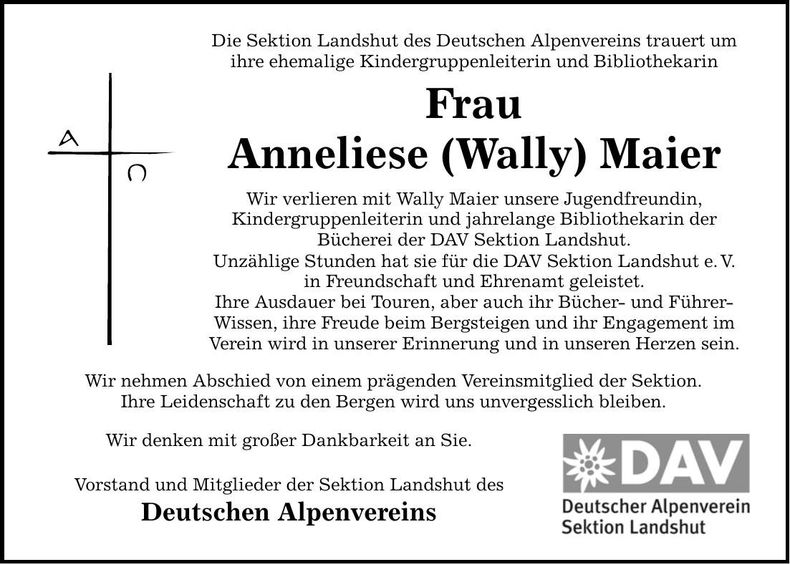 Traueranzeige Anneliese Maier