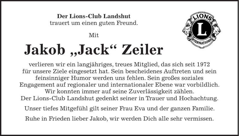 Traueranzeige Jakob "Jack" Zeiler