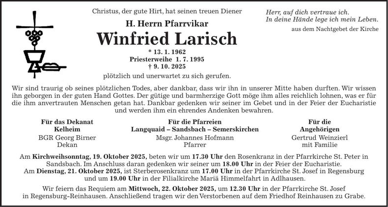 Traueranzeige Winfried Larisch