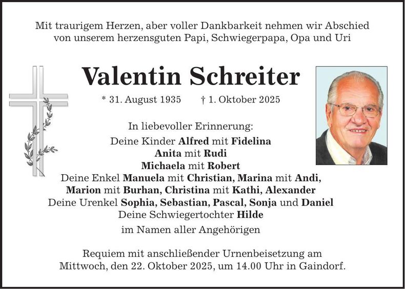 Traueranzeige Valentin Schreiter